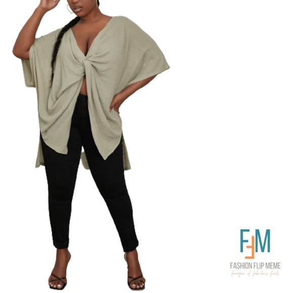 Oversized Twist-Front Short Sleeve Loose Fit Batwing High-Low Top, Plus Size - Picture 1 of 5